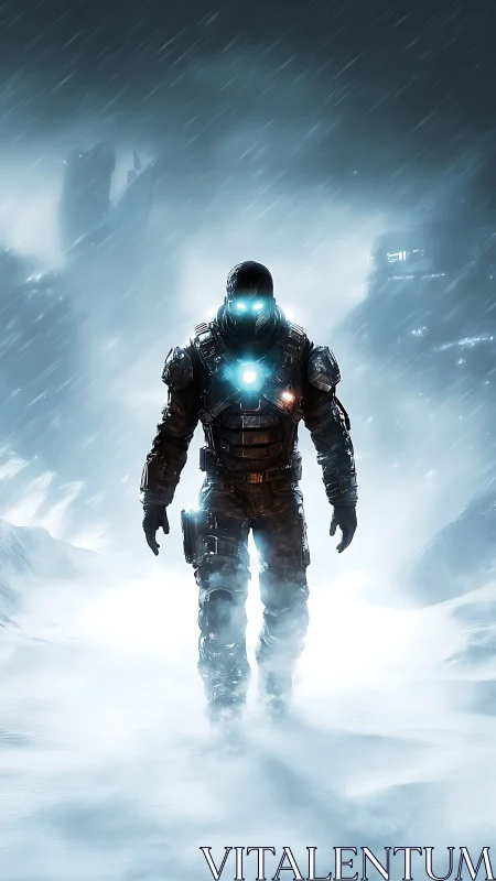 Armored figure in illuminated visor crossing frozen terrain.