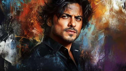 Intense male portrait within turbulent abstract color field.