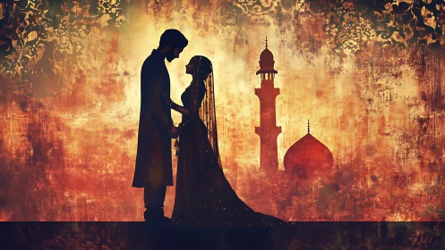 Silhouetted couple in ornate period dress against textured golden architectural cityscape