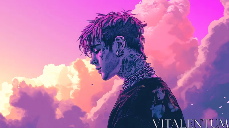 Profile of tattooed youth against vivid sunset clouds.
