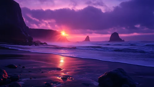 Low-light coastal sunset with magenta sky gradients and wet sand