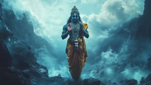 Divine blue deity in stormy mountain mist with golden robes