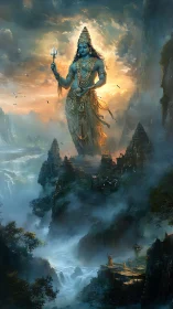 Colossal blue deity above misty waterfalls and temple spires