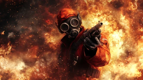 Armed Figure in Gas Mask Against Fiery Background