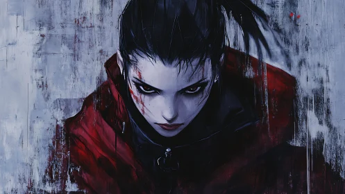 Brooding warrior glares forward through cold painted haze.