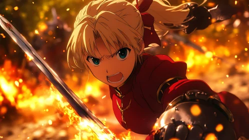 Anime swordswoman charging through blazing battlefield flames.