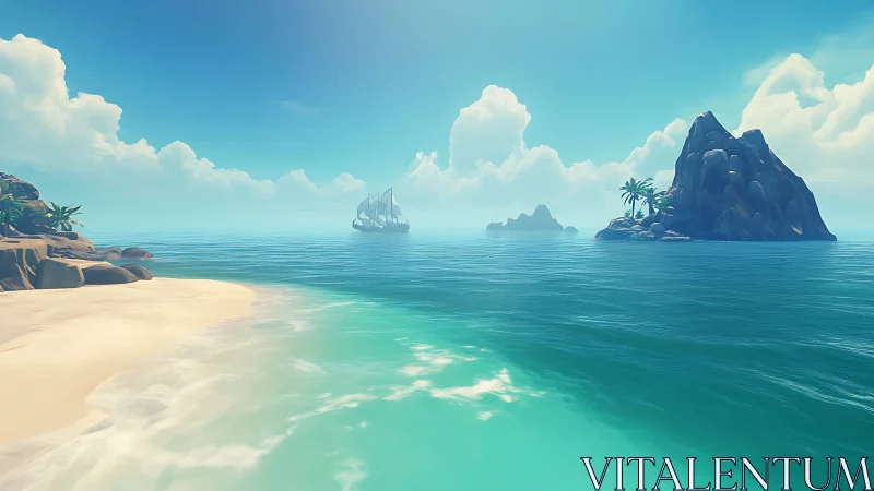 Tropical Paradise: Sailboat Anchored by Rocky Islands and Sandy Shore.