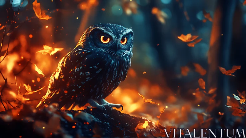 Owl with glowing eyes sits amid orange embers and falling leaves