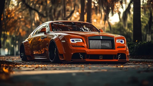 Orange luxury coupe dominates autumn street perspective.