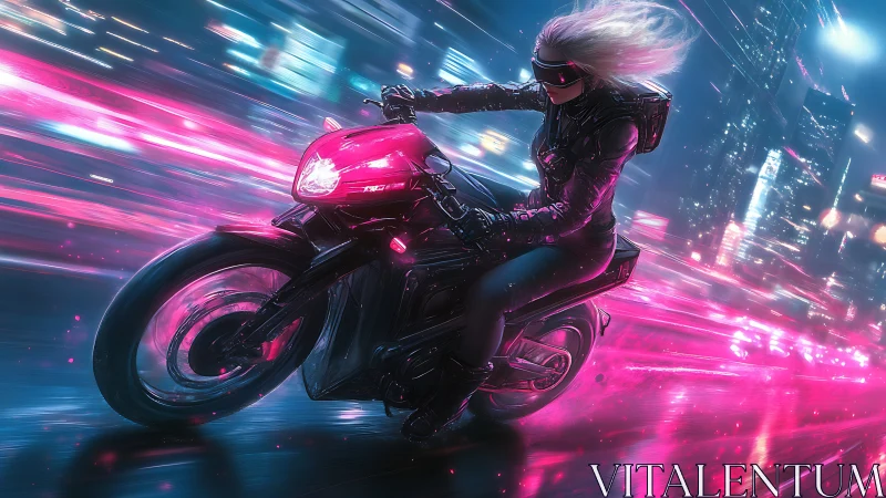 Cyberpunk biker racing through neon city streets at night.
