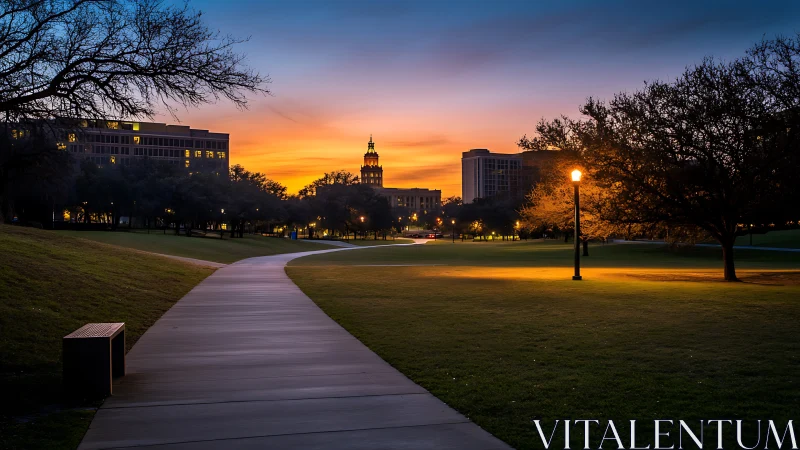 Golden dusk walkway welcomes a calm city park evening