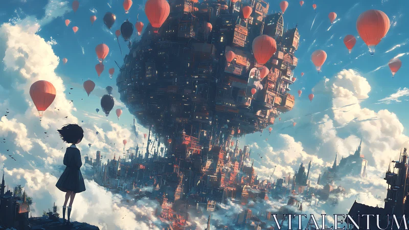 Floating clustered city mass with red balloons in clouds.