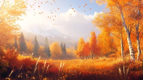 Golden autumn meadow beneath gentle snowcapped mountains.