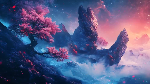 Neon sakura forest crowns jagged cliffs above astral mist