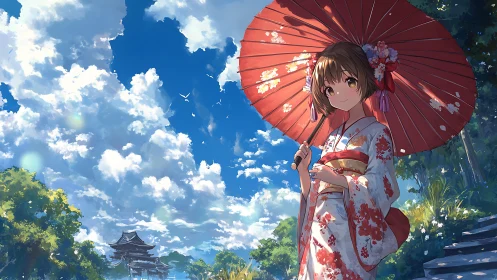 Girl in floral kimono holds red parasol under bright sky
