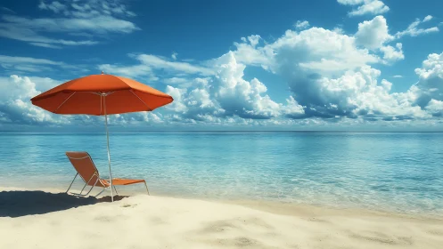 Orange umbrella frames tranquil turquoise shoreline scene.