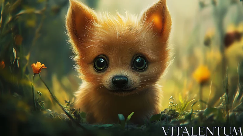 Woodland sprite pup with moon-big eyes and sunlit fur.