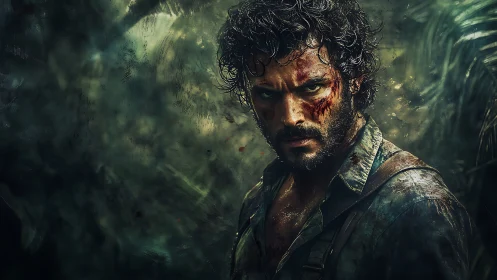 Storm-eyed wanderer standing defiant in a restless jungle.