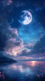 Moonlit lake shimmers beneath a dreamy starlit sky.