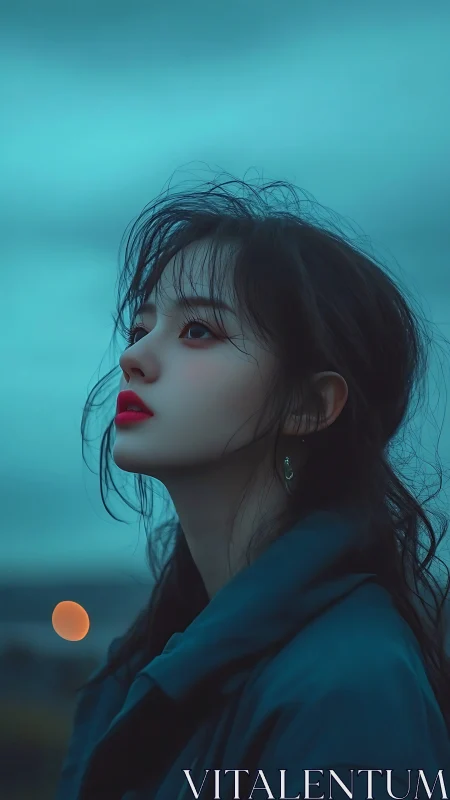 Moody digital portrait of woman at dusk in teal tones.