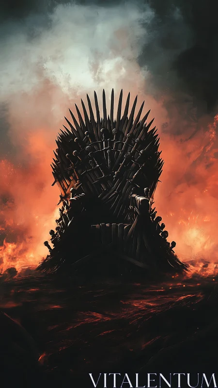 Sword throne rises from molten ground under storm sky