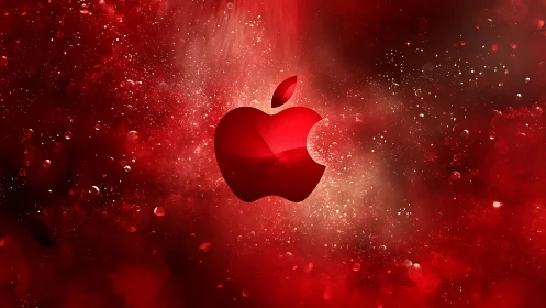 Red apple-shaped logo on abstract digital space background.