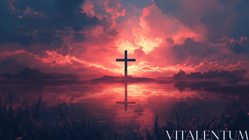 Cross glows over tranquil lake at vivid crimson sunset.