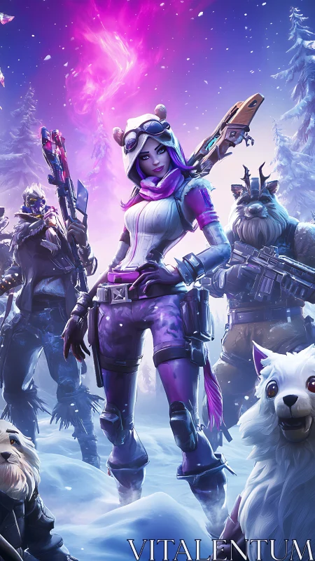 Squad of stylized arctic warriors advances through neon snowfield