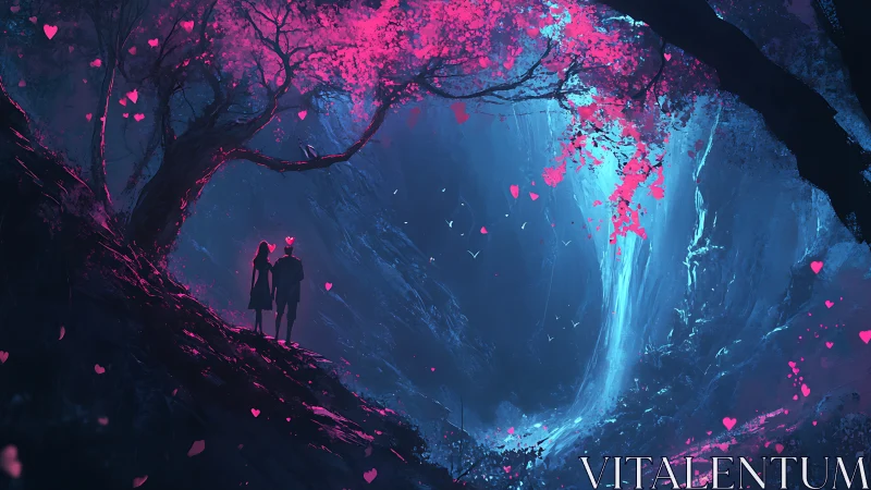 Lovers under neon blossoms at a moonlit waterfall ravine.