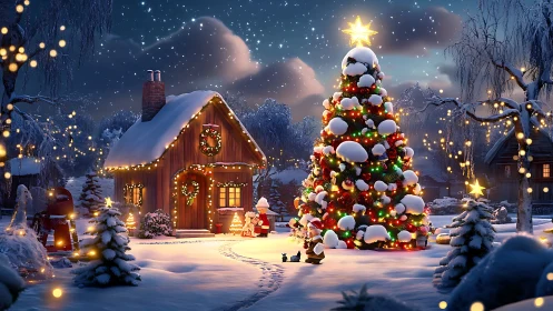 Snow covered village yard with decorated outdoor tree scene.