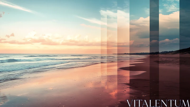 Layered sunset beach seascape with segmented reflections.