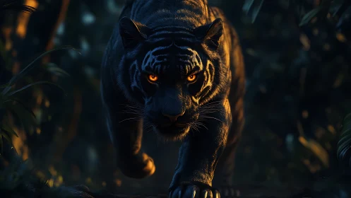 Midnight tiger strides forward with bold, glowing eyes