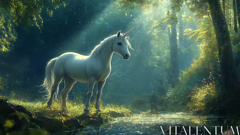 White unicorn standing in a sunlit forest beside water.