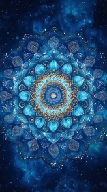 Celestial blue mandala radiates ornate golden symmetry.