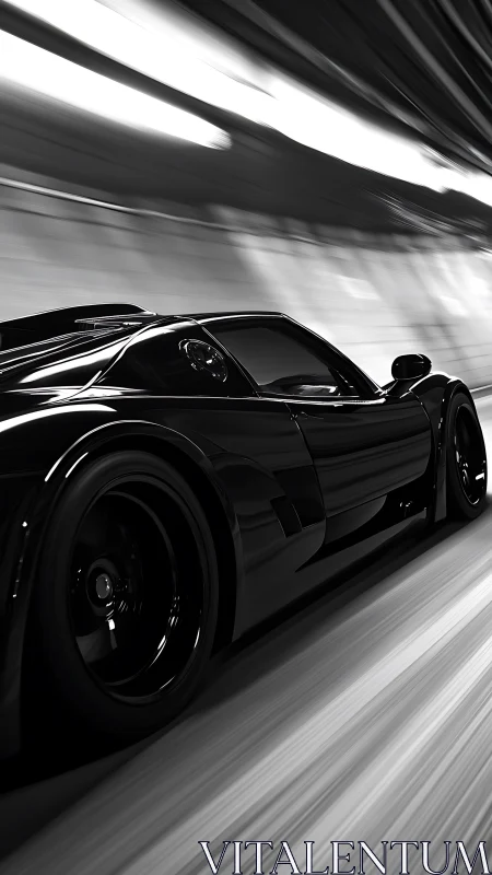 Midnight hypercar streaks through a tunnel of liquid light.