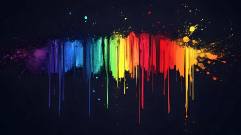 Vibrant dripping rainbow paint splash on dark background, abstract style.