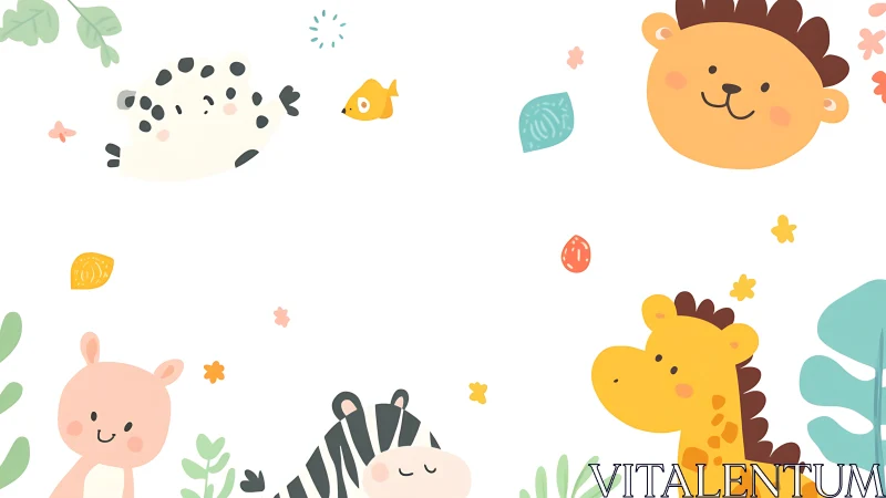 Playful pastel safari animals in minimalist vector frame.