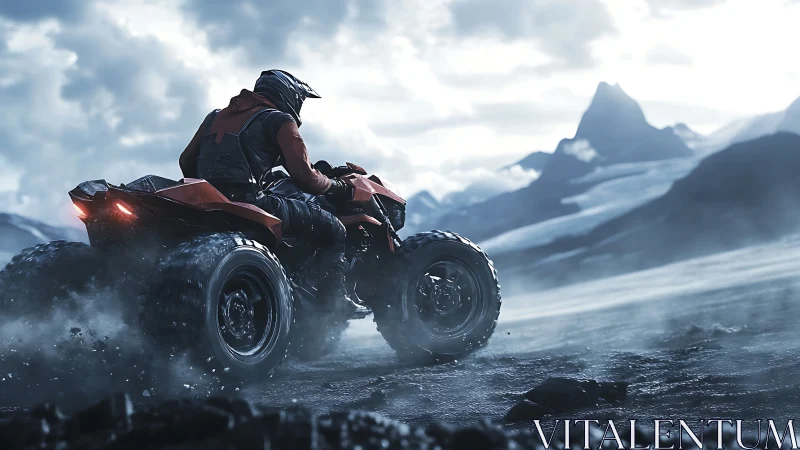 Quad bike rider shreds misty tundra beneath jagged peaks