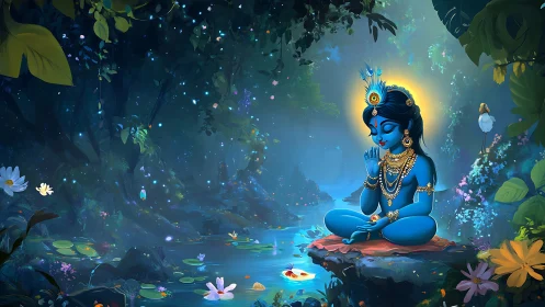 Gentle blue deity meditating beside a glowing forest stream.
