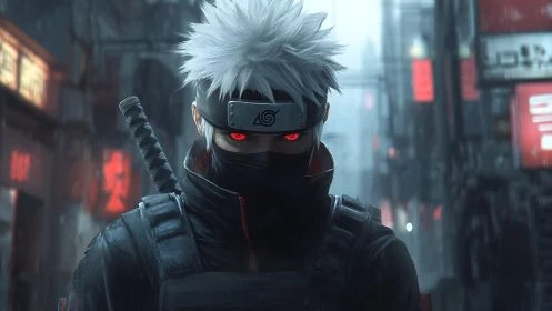 White-haired masked figure in rainy neon-lit alleyway at night.