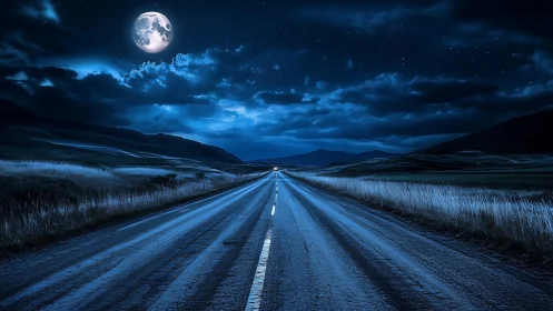 Moonlit highway under deep blue night sky horizon.