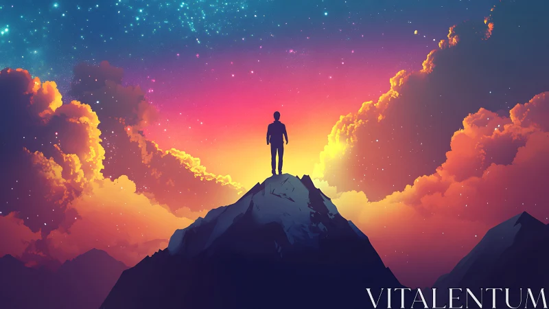 Silhouette atop summit under cosmic sunset sky glow.