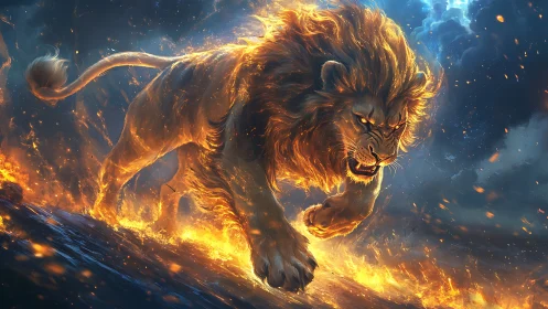 Blazing lion strides through fire with fierce, glowing power