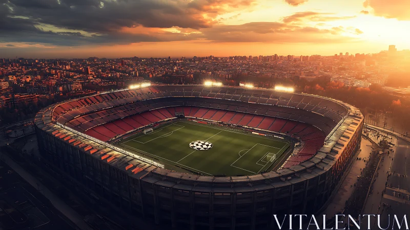 Golden-hour football colosseum crowns a glowing cityscape.