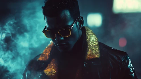 Neon-soaked loner in yellow shades amid cyberpunk haze.