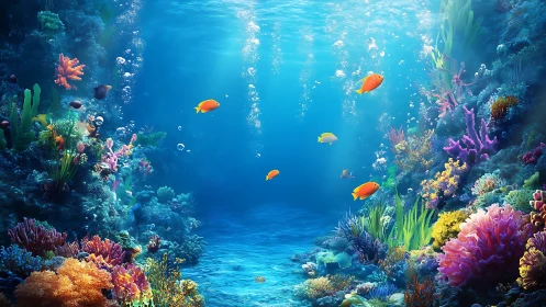 Digital painting coral reef with luminous fish and depth cues.