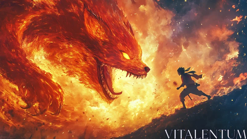 Flaming Dragon Head Confrontation with Silhouetted Human Figure Against Pyrolytic Background