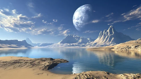 Alien coastal exoplanet landscape with large moon and reflective water