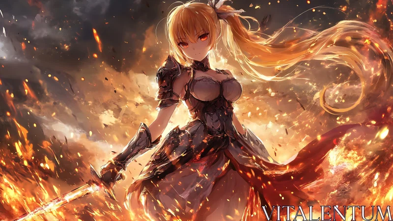 Armored flamewrought swordswoman in incandescent battlefield.