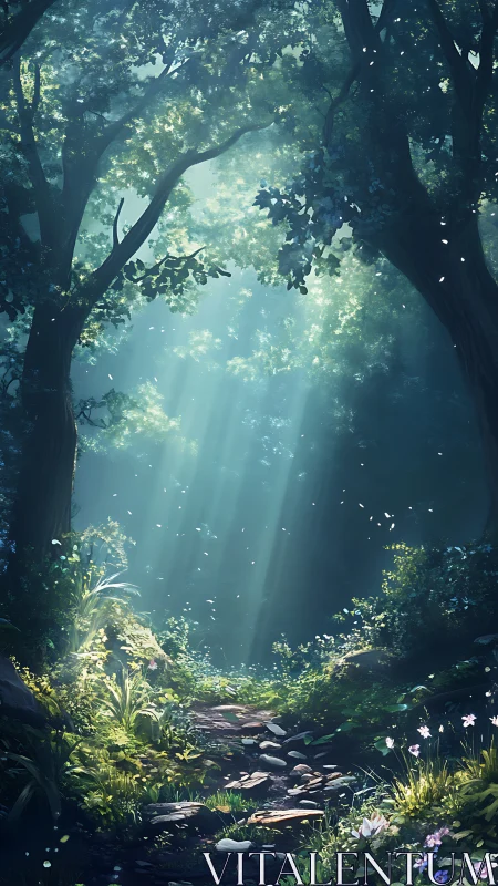 Forest Clearing with Radiant Sunlight.